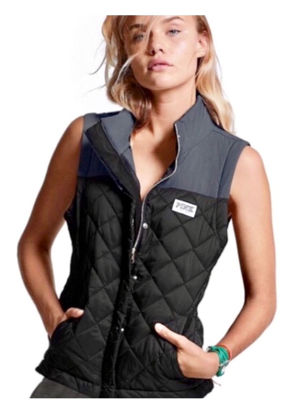 Victoria's Secret PINK Sleeveless quilted Vest Jacket Black/Gray XS